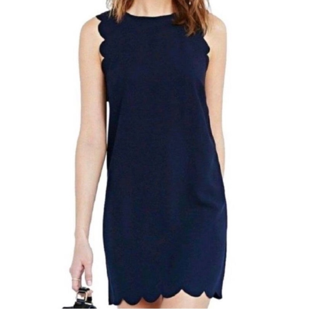 J Crew Navy Blue Scalloped Tailored Shift Dress